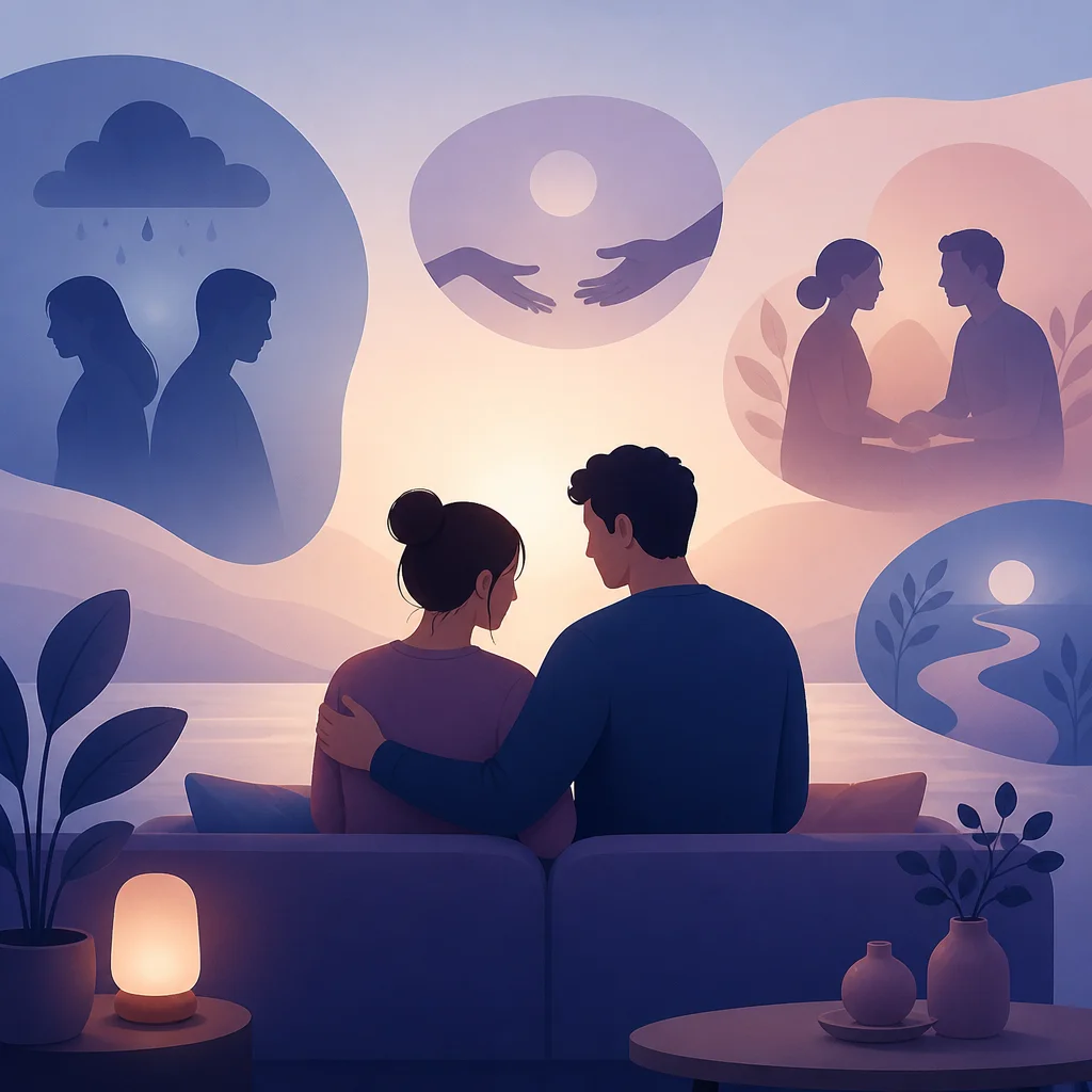 A couple sitting together and talking calmly with a shared chat on screen