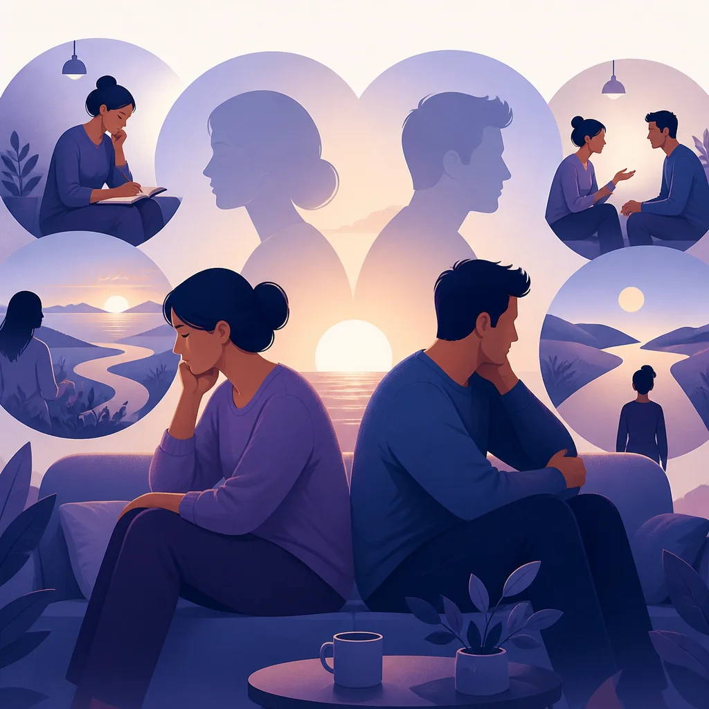 Pareja conversando con tensión pero con intención de entenderse, en un ambiente tranquilo