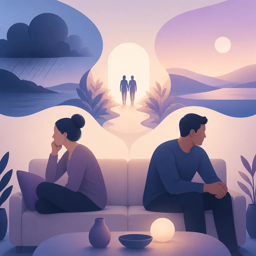 A couple sitting apart on a sofa while reading a shared chat on a phone, reflecting relationship uncertainty
