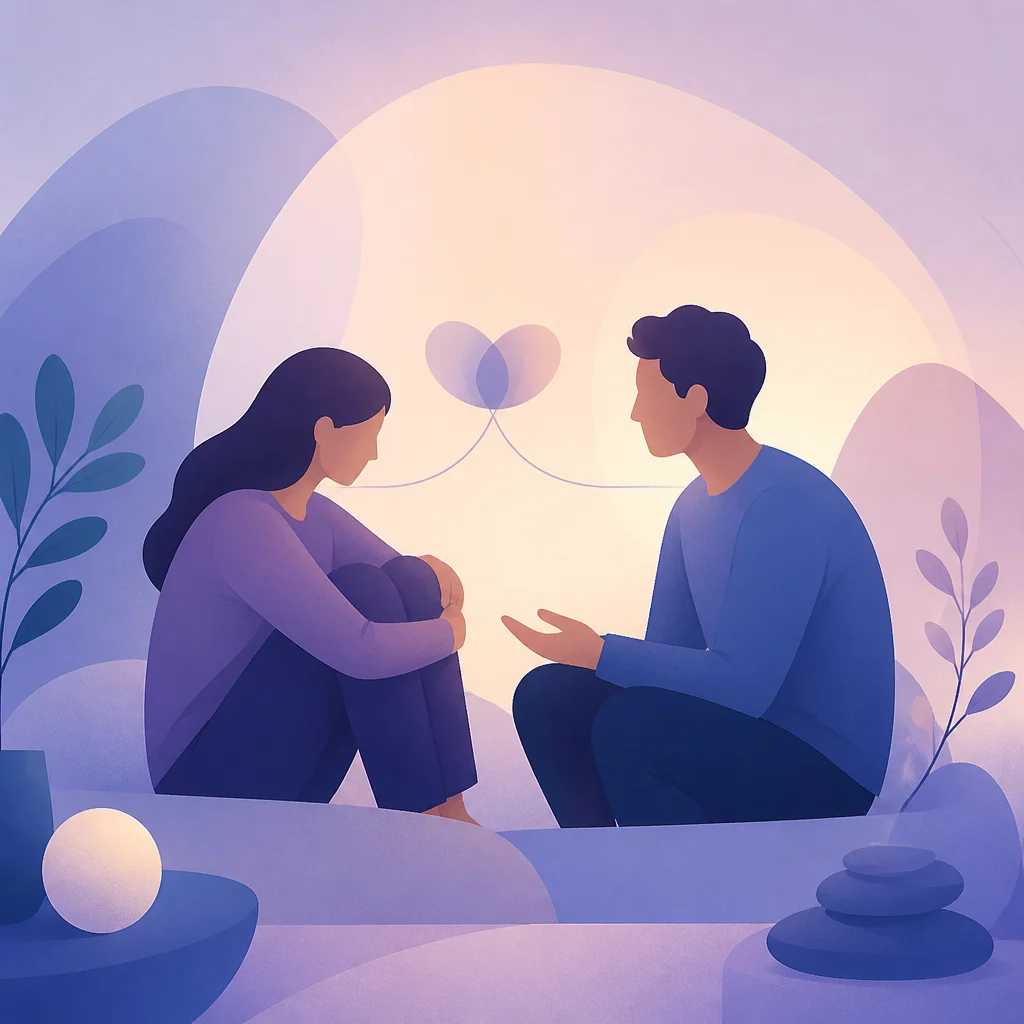 Pareja conversando con tensión pero escuchándose en una mesa, en un contexto de diálogo emocional
