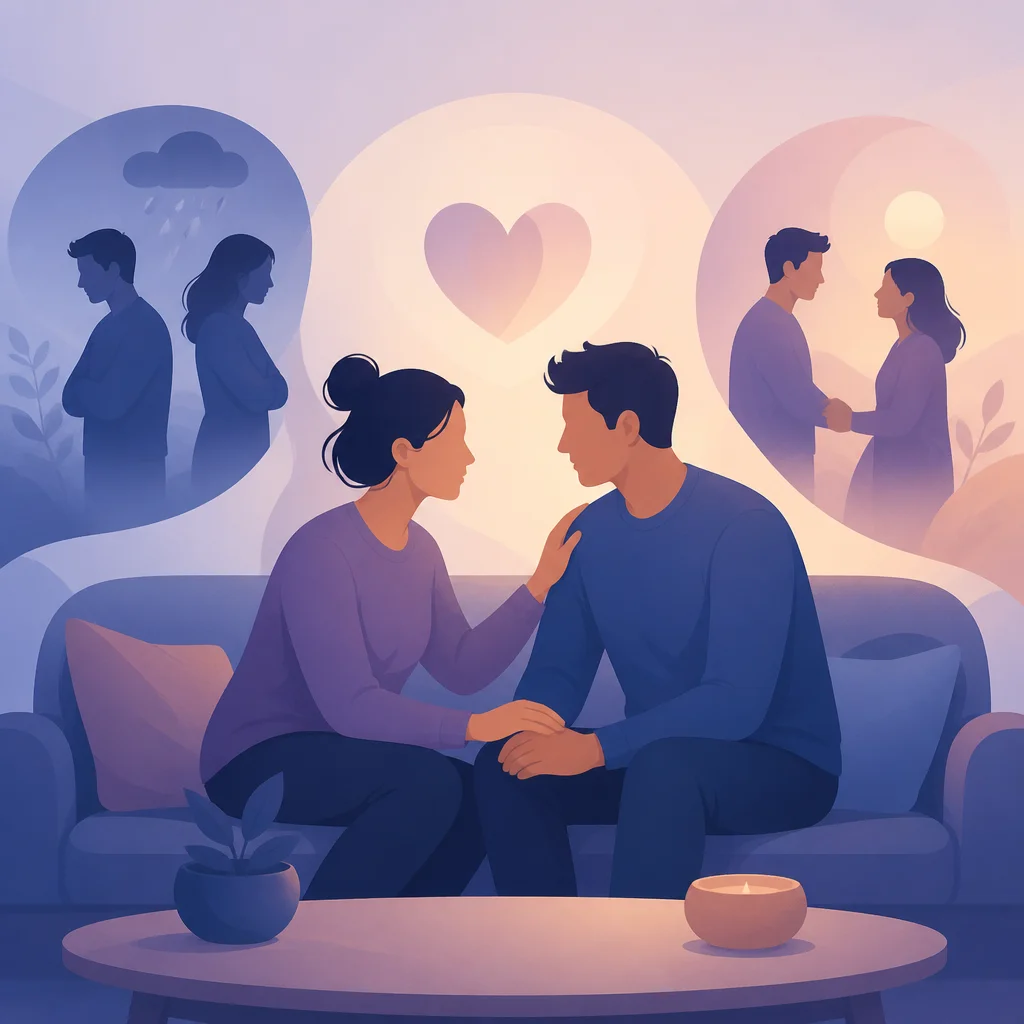 A couple talking calmly with an AI mediator in a shared chat interface