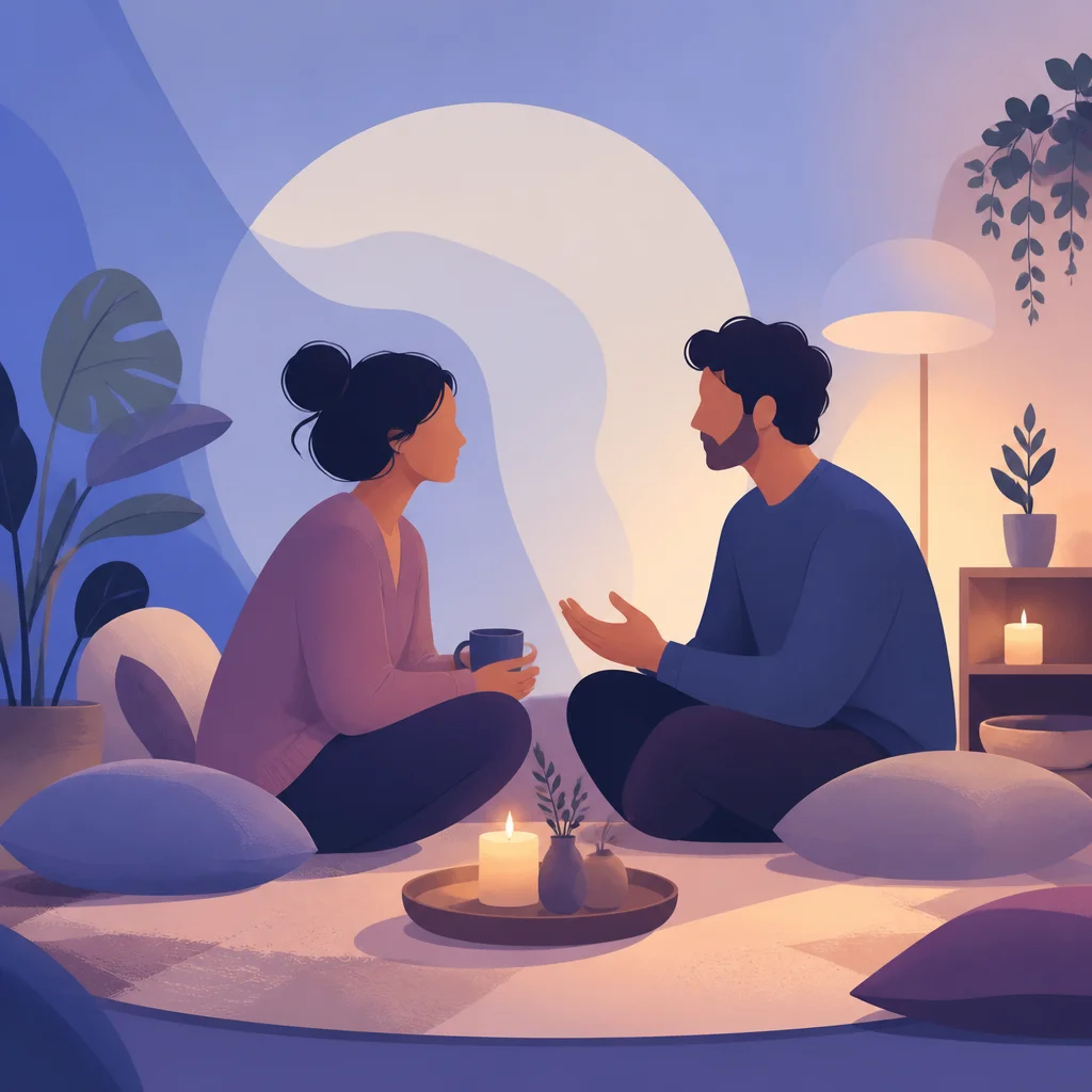 A couple sitting at a kitchen table practicing communication exercises at home with a calm conversation