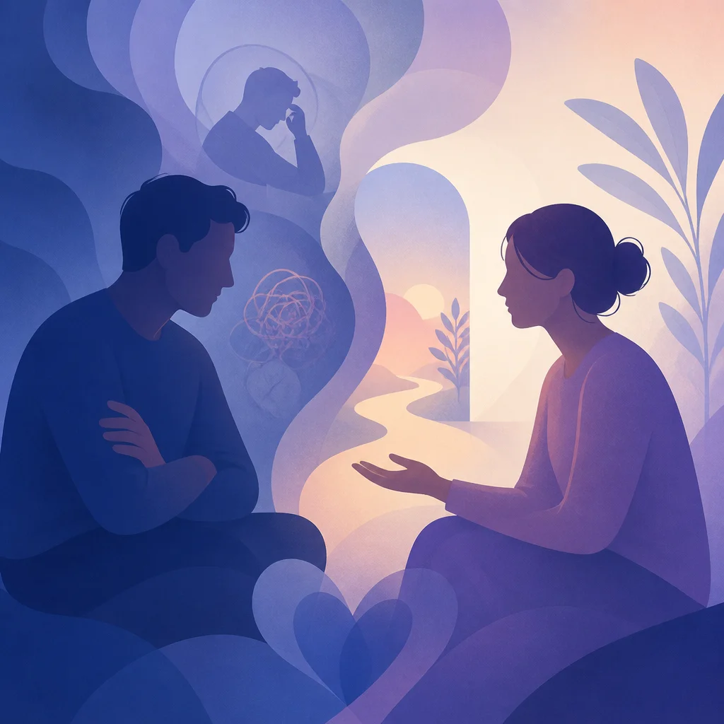 A couple sitting side by side during a tense conversation, with one partner pausing before responding