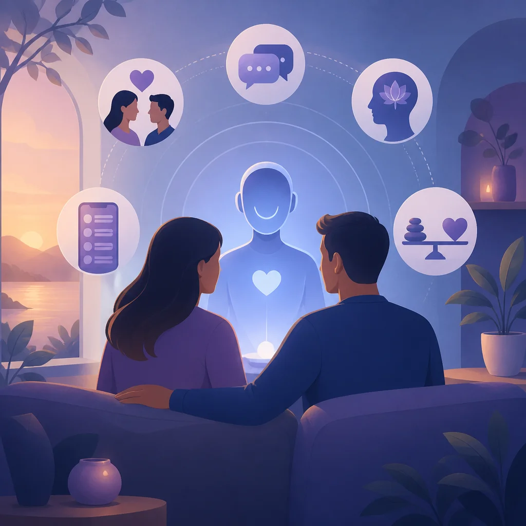 A couple using a shared AI chat on a laptop to talk through a relationship conversation calmly
