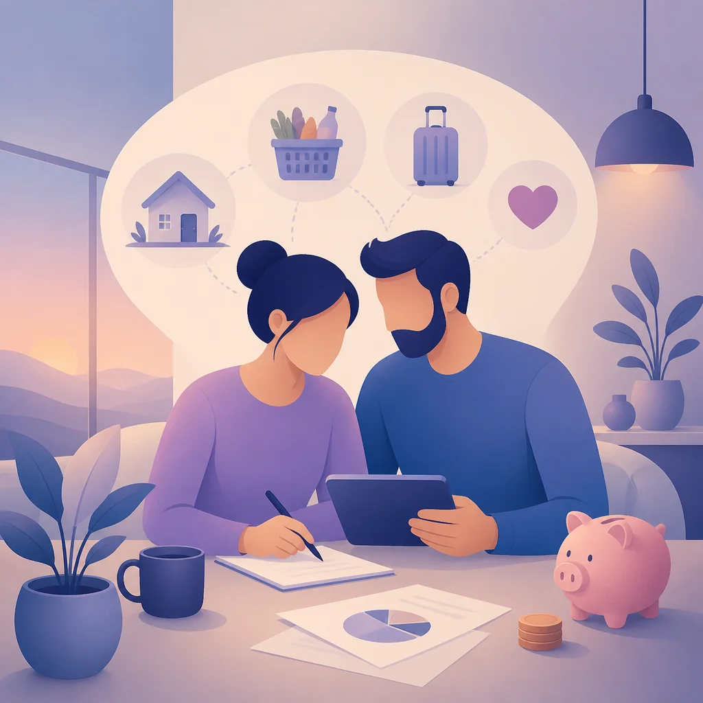 Pareja revisando gastos compartidos en una mesa con una libreta y una calculadora