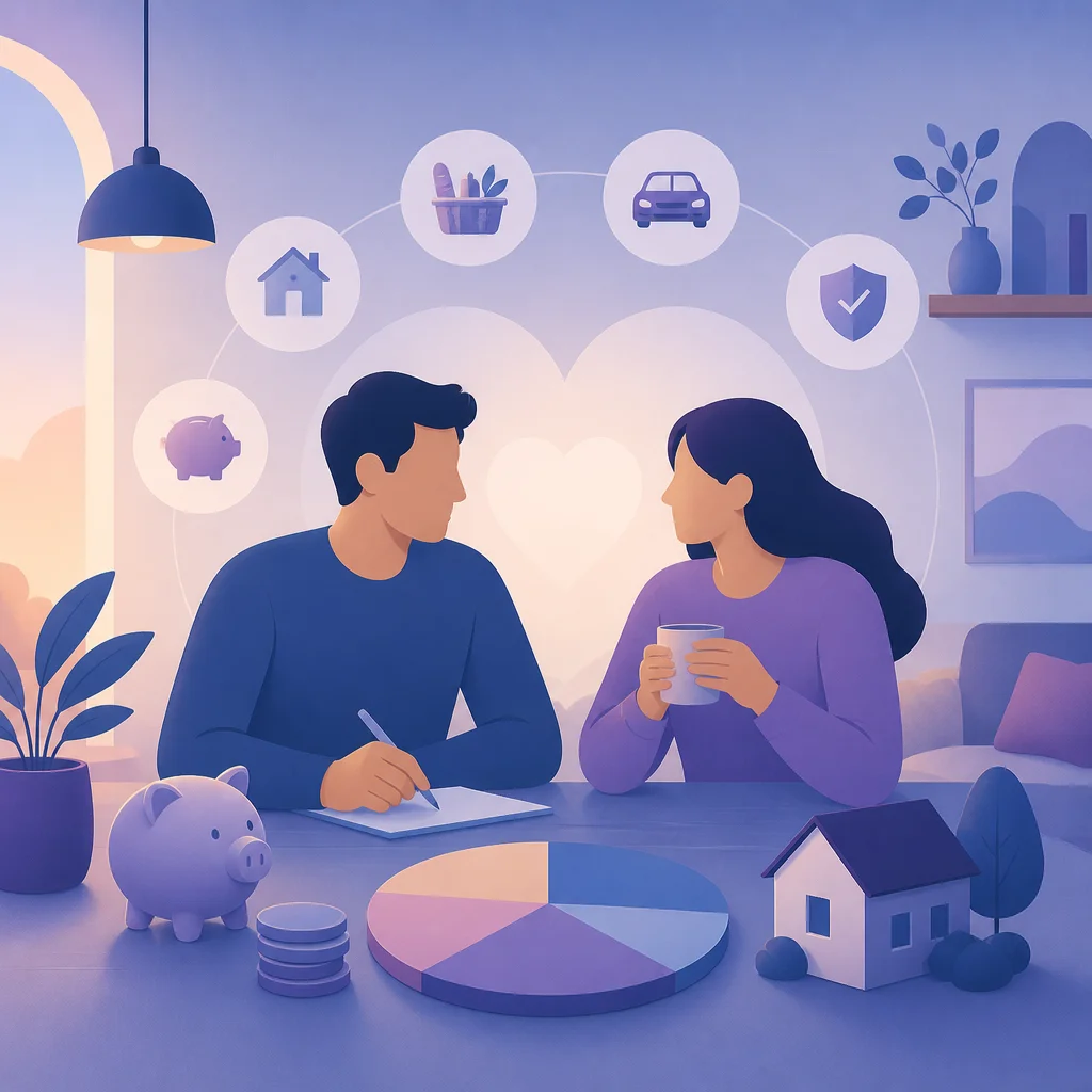 A couple reviewing household expenses on a laptop and notebook while talking calmly at a kitchen table