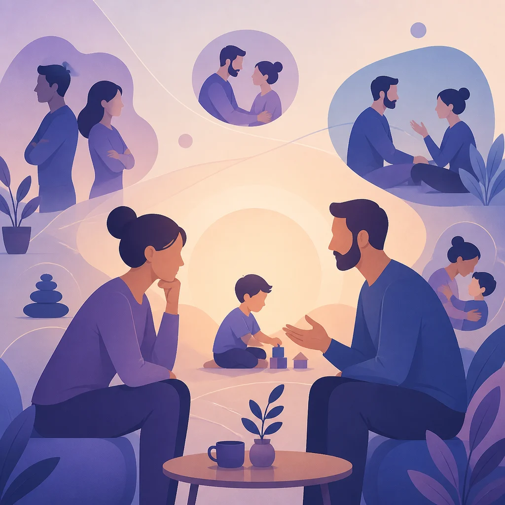 Pareja conversando sobre crianza en casa mientras revisan reglas para sus hijos