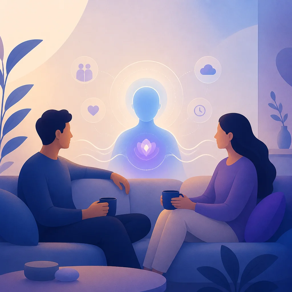 Couple talking in a shared chat with an AI mediator on screen