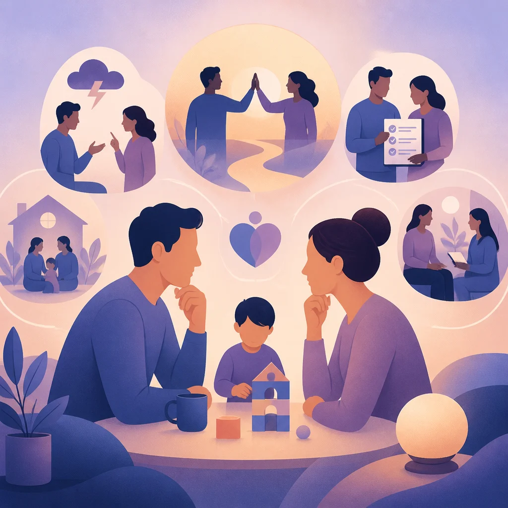 A couple discussing parenting notes together while using a shared chat on a phone