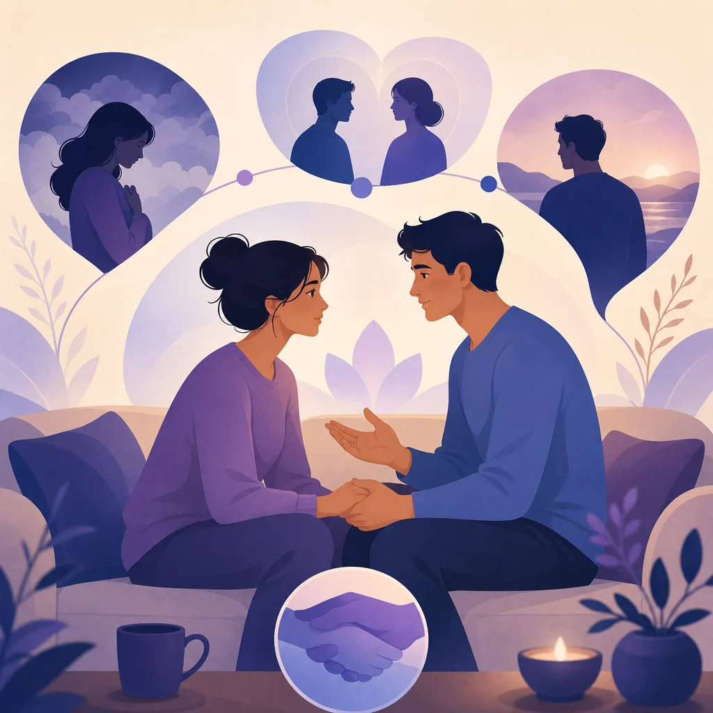 Pareja conversando con calma mientras usan un chat mediado por IA para controlar los celos en la relación