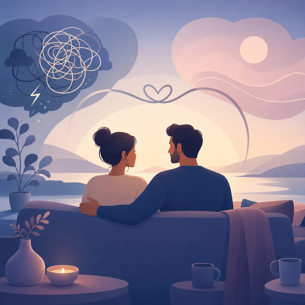 Et par sidder i sofaen og taler roligt sammen med en mobil med FeelPair-chat åbnet