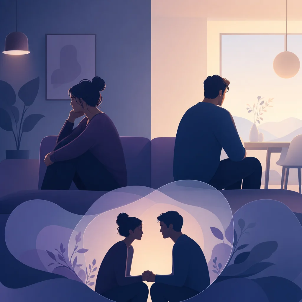 Par sidder sammen i sofaen og taler stille om afstand i forholdet