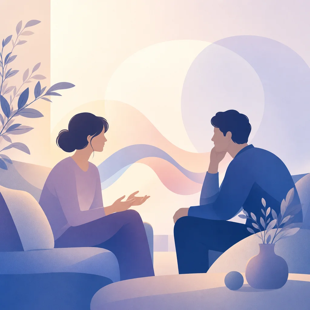 夫が話を聞いてくれない悩みを前に、夫婦が向かい合って会話している様子