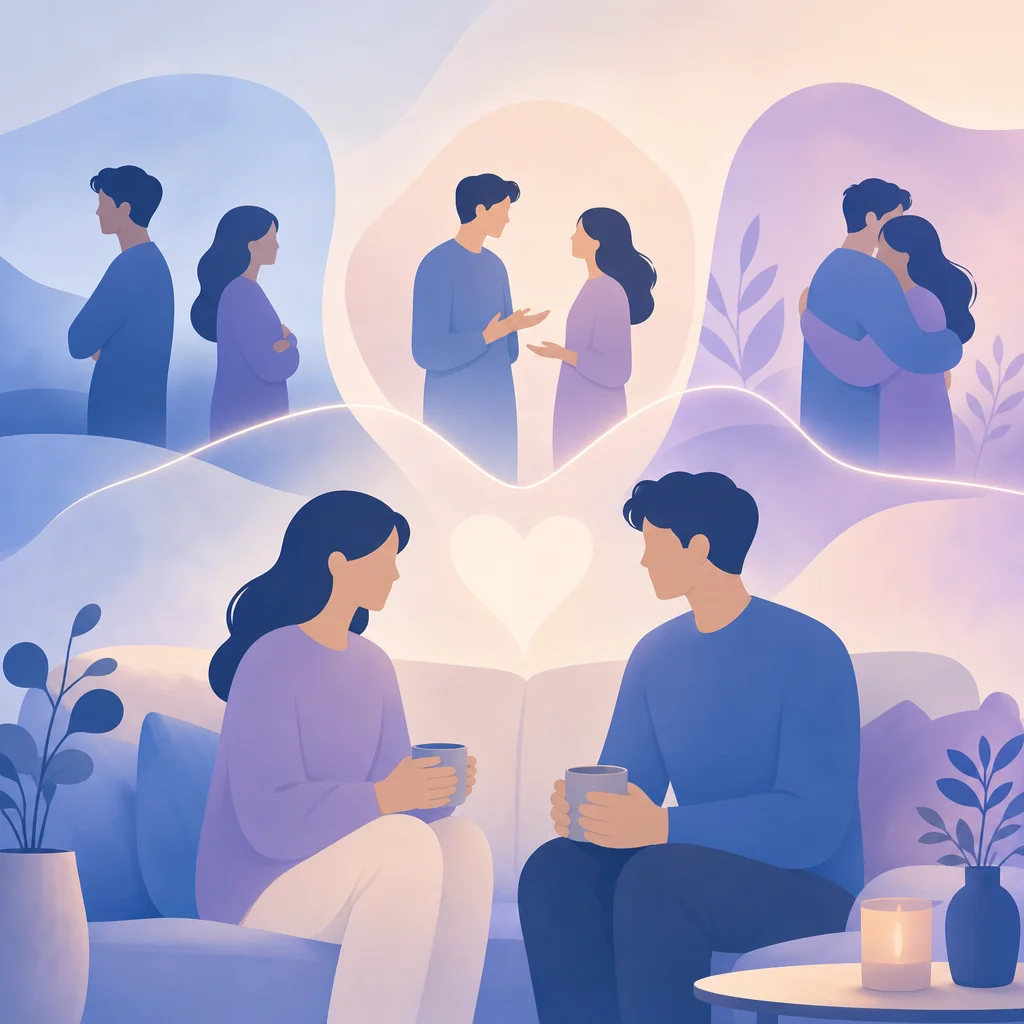 夫婦が向かい合って座り、落ち着いて会話している様子を示すイラスト