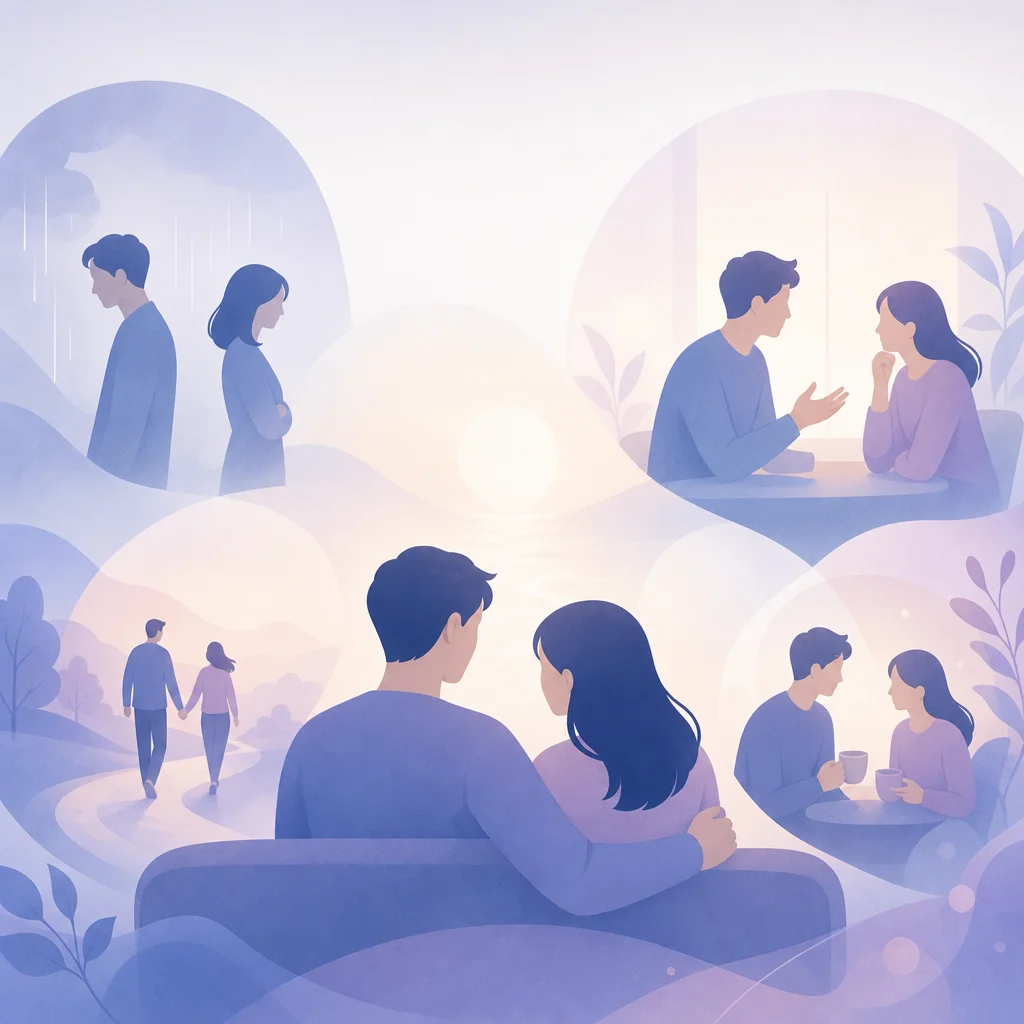 すれ違う夫婦が向き合い直して会話を始めるイメージ