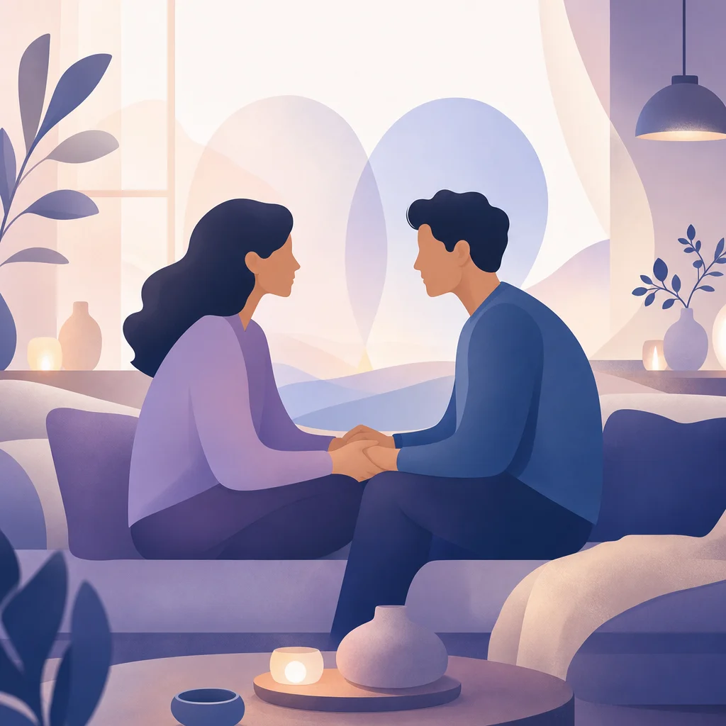Par som sitter i soffan och pratar lugnt med en mobilapp för bättre kommunikation i förhållandet