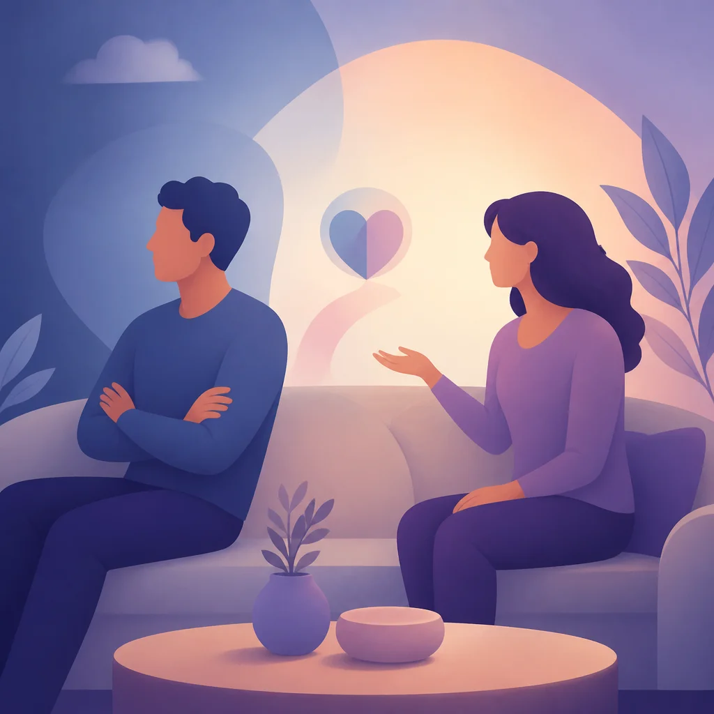 Pareja conversando con tensión en casa mientras una persona intenta expresar lo que le molesta