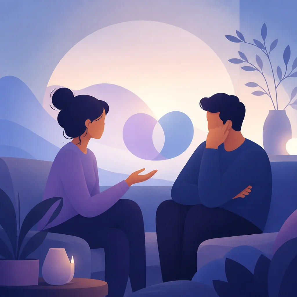 Couple talking calmly on a sofa while a shared phone chat mediates the conversation