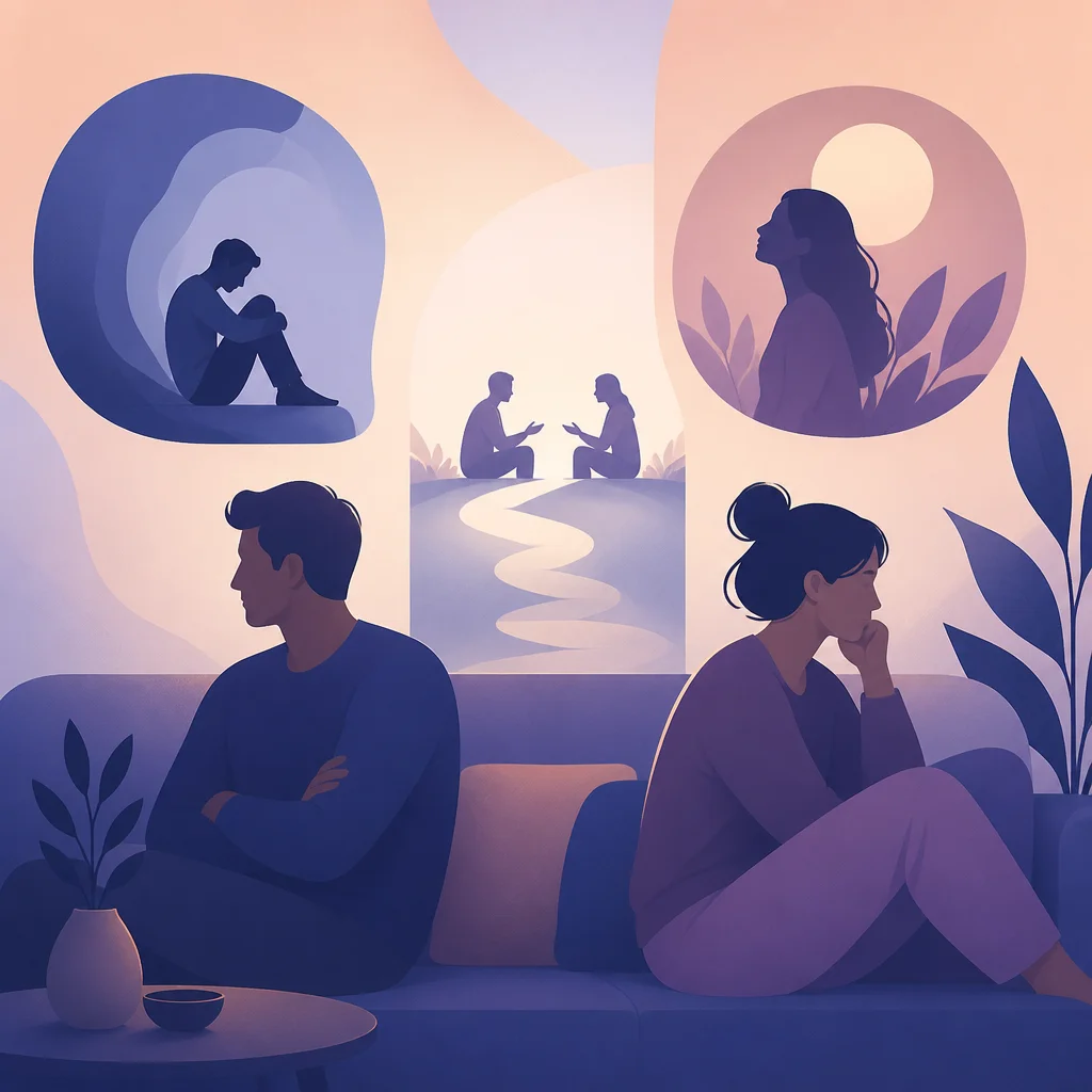 Pareja sentada en el sofá hablando con tensión pero con disposición a escucharse
