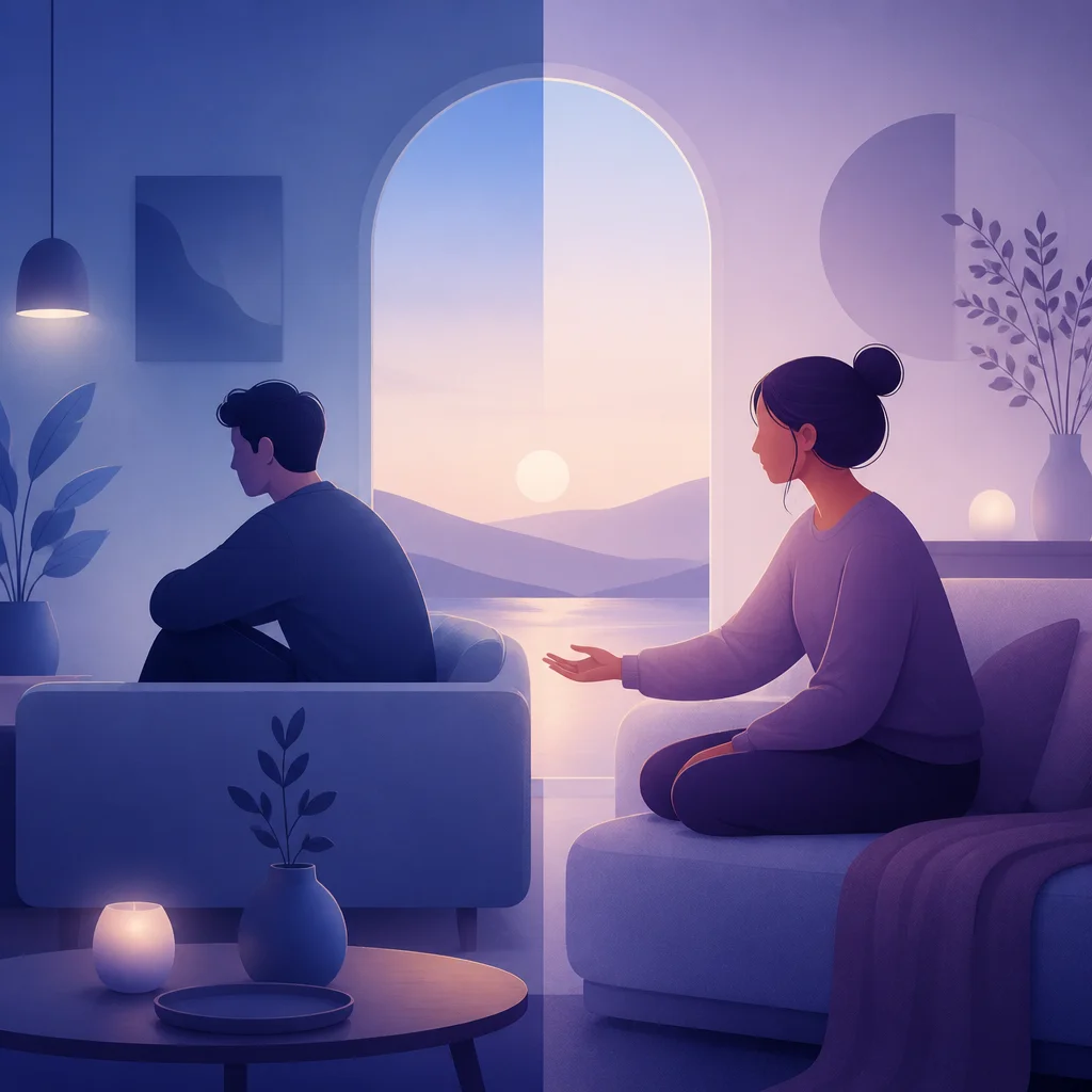 A couple sitting apart on a sofa while a shared chat conversation helps them discuss relationship problems calmly