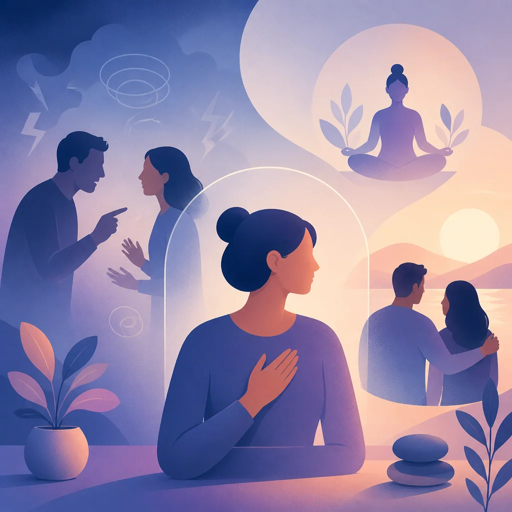 A couple talking in a shared chat on a phone with an AI mediator in the middle
