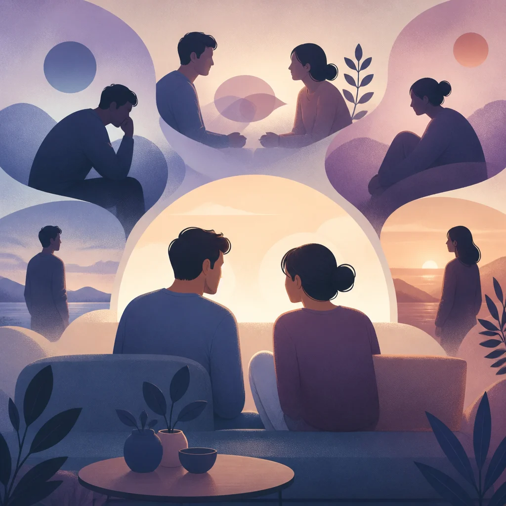 Pareja sentada en el sofá hablando con tensión y buscando entender por qué uno siente que ya no hay deseo